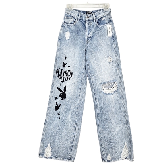 PLAYBOY By PacSun Eco Super Distressed High Waisted Baggy Jeans NWT - Picture 1 of 8